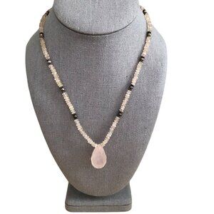 Rose Quartz Teardrop & Crystal Bead Silver Necklace - Bridgerton Regency Style